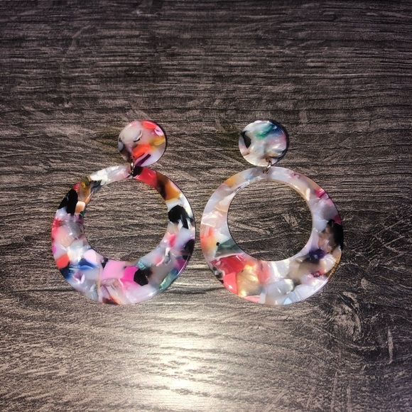 Acetate Round Multicolor Tortoise Drop Earrings - Picture 2 of 5